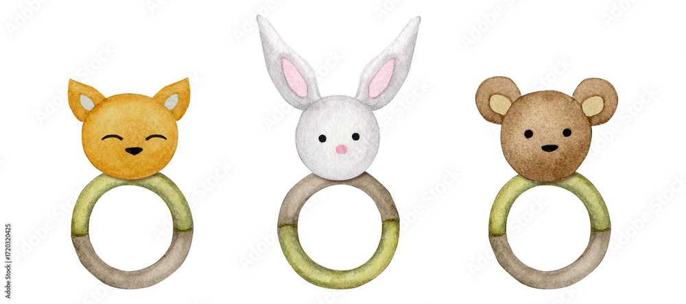 Obraz premium Set of rattles. Baby toys. Hand drawn watercolor illustration.Design elements of baby pattern, greeting card, baby shower invitation, birthday, kids party, baby birth.