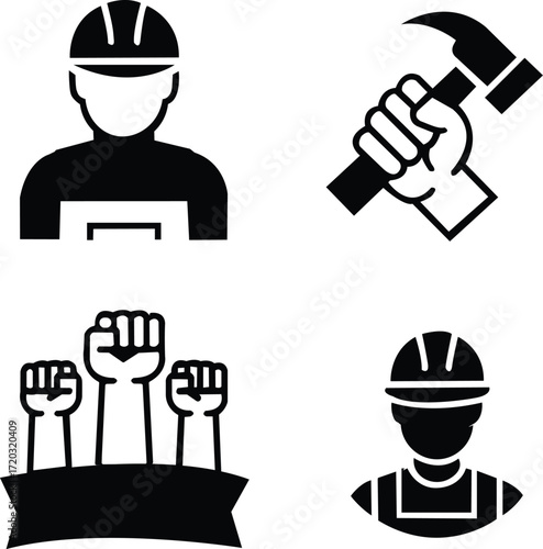 Construction worker and fist icons representing labor strength and industrial workforce
