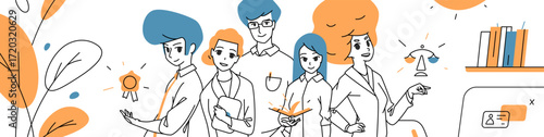 Young notary team offering support and trust. Creative professionals help clients with contracts, documents, and legal advice in friendly office atmosphere, modern vector illustration.
