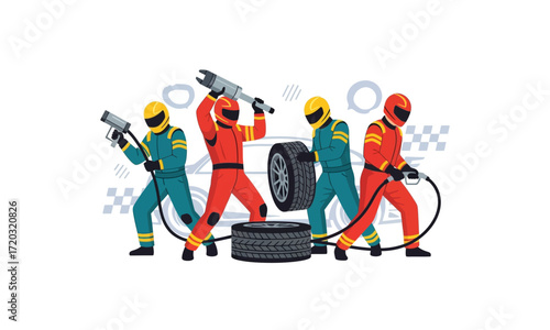 Pit Crew in Action - Four Racing Mechanics with Tools and Tire.