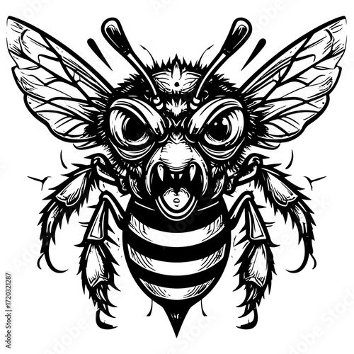 Black block line art of a wasp monster with bold outlines, simple details, and solid vector style