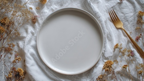 Empty plate on cloth decorated with flowers