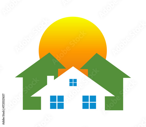 Green, eco-friendly houses under a bright sun illustration