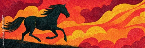 chinese new year web banner, a dynamic, celebratory web banner with a galloping horse silhouette in fiery gold and red against a deep crimson backdrop ample space for a header