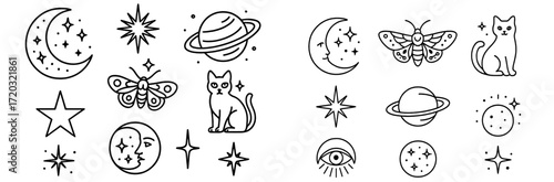 Decorative celestial and animal themed doodles in black and white featuring moons, stars, and a cat
