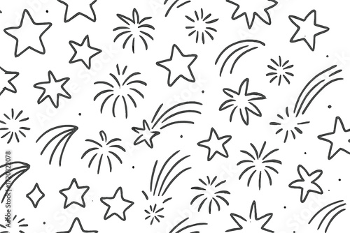 Festive doodle of stars and firework patterns on a white background for creative projects and celebrations