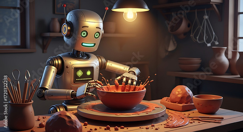 A robot crafts a beautiful ceramic bowl with skilled precision. 