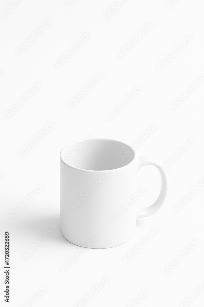 Obraz premium Hyper-realistic image of a white mug on a white background in a minimalist design for branding with copy space.