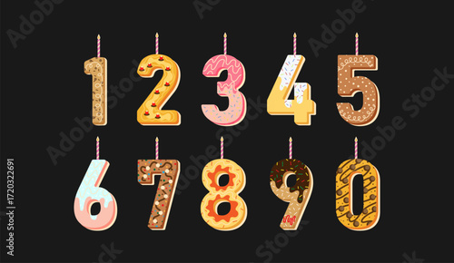 Birthday cake numbers set. Cartoon digits 0–9 as sweet cakes with candles, icing, sprinkles and dessert decoration in fun festive style. Festive birthday decorations in trendy groovy shapes