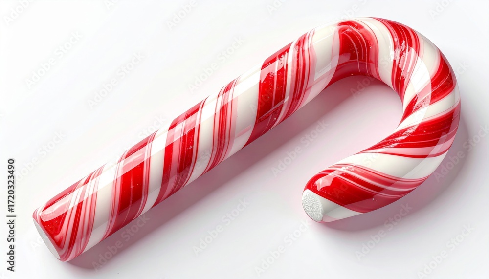 Fototapeta premium Red and White Striped Candy Cane with a Curved Shape on a White Background