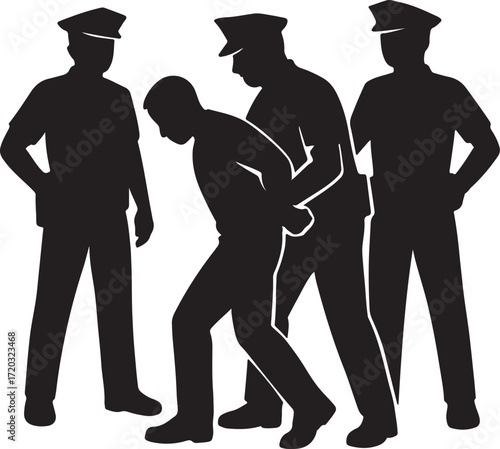 Silhouette Vector of Multiple Police Officers Arresting a Man in Minimalist Black and White Design Representing Law Enforcement