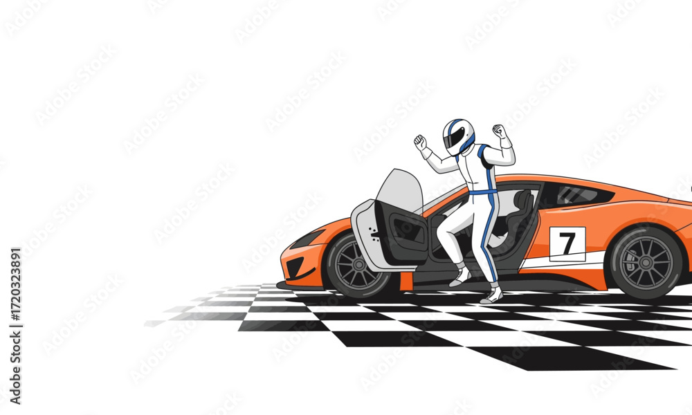 Naklejka premium Race Car Driver Exiting Orange Sports Car with Number 7 on Checkered Finish Line.