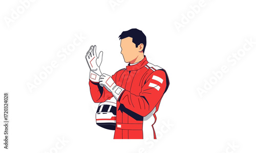 Race Car Driver Adjusting White Racing Gloves, Red Suit.
