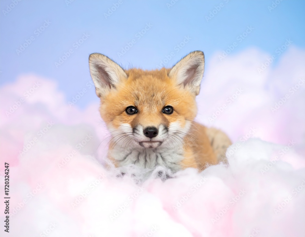 Obraz premium Adorable fox kit resting in a cloud of pink cotton candy