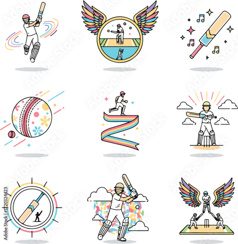 Colorful Line Art Cricket Batsman Icons Pack: Aerial View of Sports and Active Hobbies