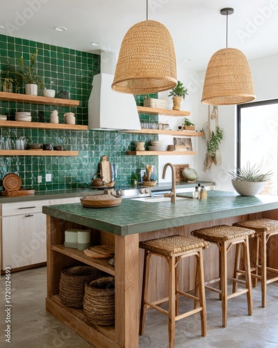 Wallpaper Mural tropical boho kitchen full view, green tile backsplash, open wood shelves, woven pendant lights, clay floor, cozy tropical light Torontodigital.ca