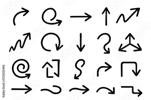 Variety of hand-drawn arrows and directional symbols in different styles and orientations