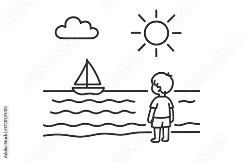 Child gazing at sailboat on sunny beach with clouds in the sky and gentle waves in the water