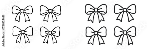 Collection of six simple bow illustrations arranged in two groups with varying designs and sizes for crafting or decoration