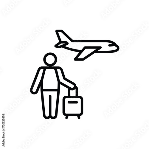 Travel icon depicting passenger with luggage ready to board airplane for journey ahead