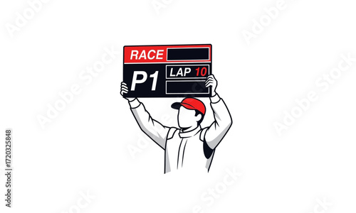 Racer holding P1 LAP 10 race board overhead, line art illustration with red cap.