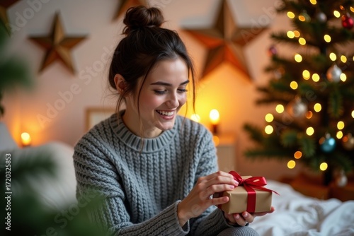 Surprised happy woman opening a Christmas present. Young beautiful smiling woman wearing christmas sweater wrapping present in room decorated for celebrating the new year and christmas festive mood