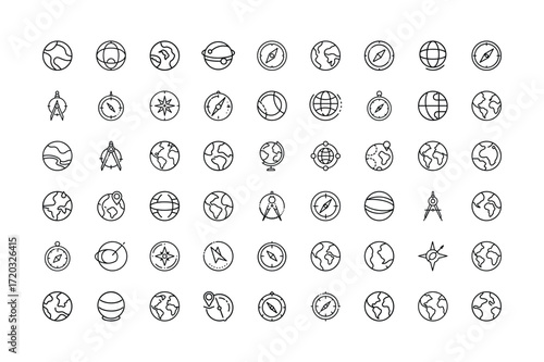 Vector art of a grid of handdrawn black and outline icons depicting various compasses, globes, and navigational tools, isolated a