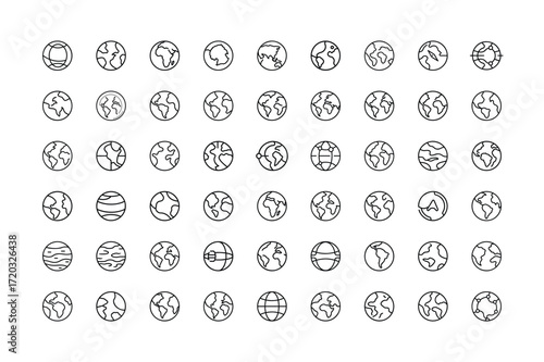 Vector art of a collection of handdrawn black and outline icons representing the earth and globes in various styles and orientations, isolated a