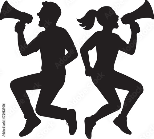 Silhouettes of Man and Woman Jumping Mid-Air with Megaphones Shouting Together in Dynamic Minimalist Black and White Vector