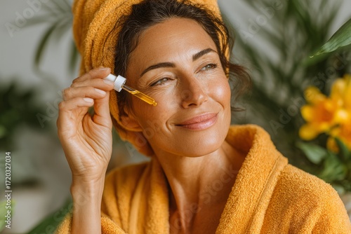 Beautiful woman uses natural facial oil for glowing skin during a spa-like moment.