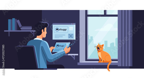 Person working on laptop and tablet, an orange cat yawning on windowsill.