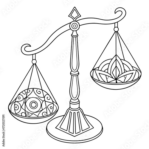 Illustration of a balanced scale with intricate designs in each pan, symbolizing equilibrium and harmony, rendered in a detailed line art style