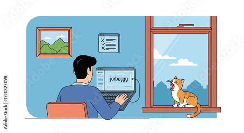 Cartoon Orange and White Cat Yawning on a Window Sill