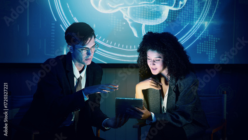 Business team discussing and using technology artificial intelligence with digital Ai assistant. Futuristic innovation AI technology collaboration and ideas for future. Business Tech Startup meeting.