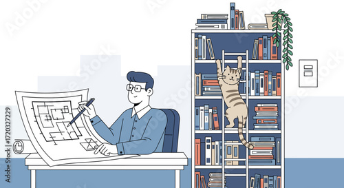 Focused architect drawing a blueprint at his desk while his playful cat climbs the bookshelf.