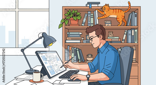 Man Working at Desk, Using Tablet, Smiling, Wearing Glasses, Blue Shirt.