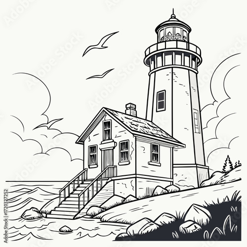 Illustration of a lighthouse on the coast with seagulls, perfect for travel, nautical themes, or coastal designs, showcasing a scenic landscape and maritime architecture