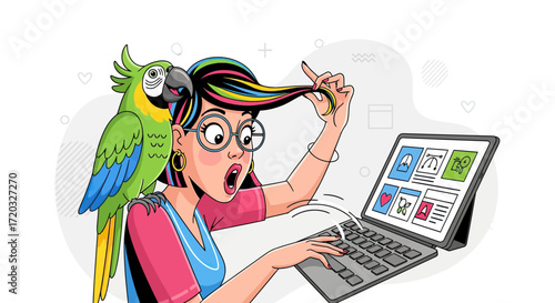 Cartoon Woman with Colorful Hair and Parrot Working on Laptop with Shocked Expression
