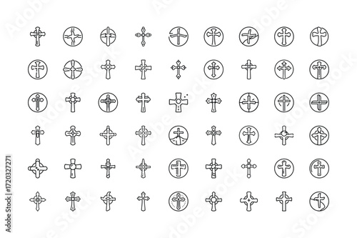 Vector art of a collection of handdrawn christian cross icons in various styles, isolated a