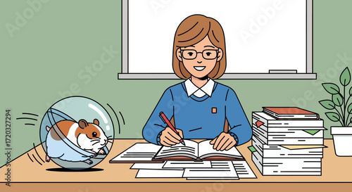 Smiling woman in glasses writing, pet hamster running in clear ball on desk