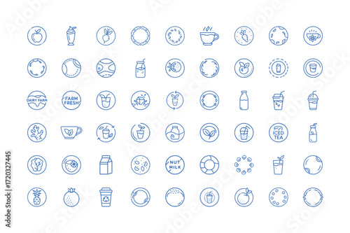 Vector art of a set of handdrawn icons representing dairy and nondairy milk, fruits, and beverages, isolated a