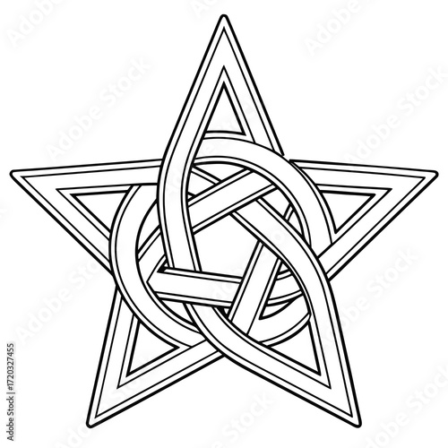 Illustration of a pentacle, a fivepointed star with a celtic knot inside, the pentacle is a symbol often associated with paganism, witchcraft, and wicca, representing the five elements