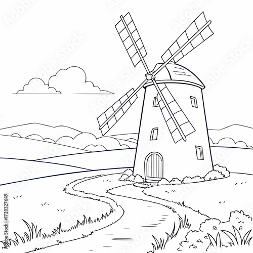 Illustration of a windmill on a farm with a winding path leading to it, set against a backdrop of rolling hills and a cloudy sky, creating a serene and idyllic countryside scene