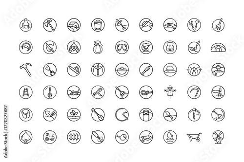 Vector art of collection of handdrawn outline icons representing various tools and equipment, isolated a, perfect for design projects and web applications
