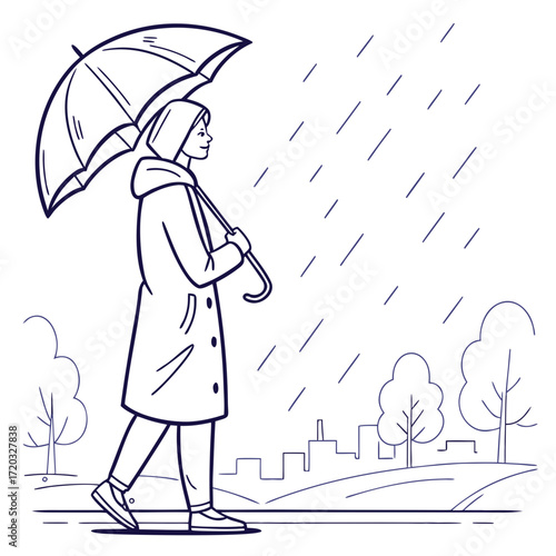 Vector art of a black and white illustration depicts a woman walking in the rain with an umbrella, set against a cityscape backdrop, capturing a moment of urban tranquility