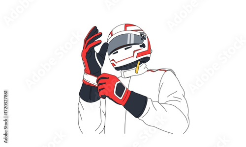 Racing Driver Putting On Red and Black Racing Gloves and Helmet.