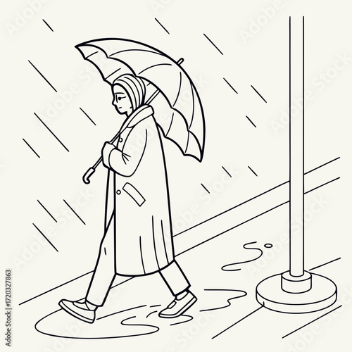 Vector art of a black and white illustration portrays a woman with an umbrella walking in the rain, next to a lamppost, capturing a solitary moment in an urban setting