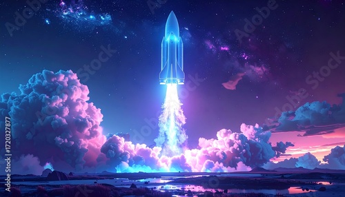 A futuristic rocket launch into a vibrant night sky