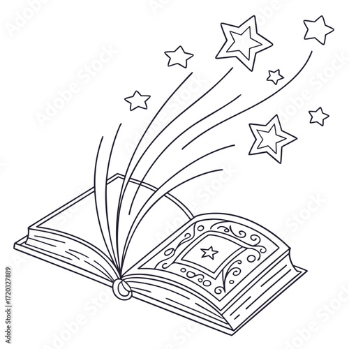 Vector art of a black and white line drawing depicts an open book with stars emanating from it, the style is simple and clean, conveying a sense of magic and wonder