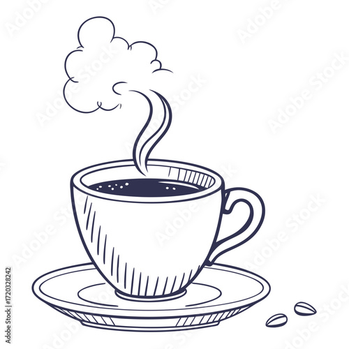 Vector art of a handdrawn illustration of a steaming cup of coffee on a saucer, with coffee beans nearby, perfect for cafe menus, coffee shop promotions, or illustrating the joy of a morning brew